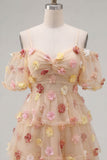 Vestido de Finalistas de Finalistas com Champanhe, Ombro Frio, Linha em A, com Folhos e Flores 3D
