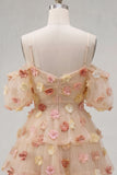 Vestido de Finalistas de Finalistas com Champanhe, Ombro Frio, Linha em A, com Folhos e Flores 3D
