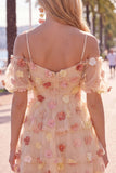 Vestido de Finalistas de Finalistas com Champanhe, Ombro Frio, Linha em A, com Folhos e Flores 3D