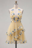 Vestido Curto de Finalistas, Decote Abrigo, Decote Abrigo, Linha em A, com Folhos e Calçados, Vestido de Finalistas com Flores 3D
