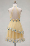 Vestido Curto de Finalistas, Decote Abrigo, Decote Abrigo, Linha em A, com Folhos e Calçados, Vestido de Finalistas com Flores 3D