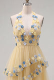 Vestido Curto de Finalistas, Decote Abrigo, Decote Abrigo, Linha em A, com Folhos e Calçados, Vestido de Finalistas com Flores 3D