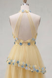 Vestido Curto de Finalistas, Decote Abrigo, Decote Abrigo, Linha em A, com Folhos e Calçados, Vestido de Finalistas com Flores 3D