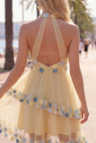 Vestido Curto de Finalistas, Decote Abrigo, Decote Abrigo, Linha em A, com Folhos e Calçados, Vestido de Finalistas com Flores 3D