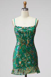 Vestido curto curto de regresso a casa verde verde escuro com folhos florais e renda nas costas