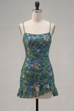 Vestido curto curto de regresso a casa verde verde escuro com folhos florais e renda nas costas