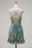 Vestido curto curto de regresso a casa verde verde escuro com folhos florais e renda nas costas
