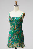 Vestido curto curto de regresso a casa verde verde escuro com folhos florais e renda nas costas