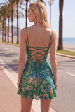 Vestido curto curto de regresso a casa verde verde escuro com folhos florais e renda nas costas