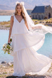 Vestido de Noiva Maxi Elopement Branco de Decote em V, em camadas,