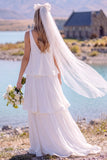 Vestido de Noiva Maxi Elopement Branco de Decote em V, em camadas,