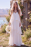 Vestido de Noiva Maxi Elopement Branco de Decote em V, em camadas,
