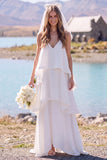 Vestido de Noiva Maxi Elopement Branco de Decote em V, em camadas,
