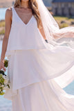 Vestido de Noiva Maxi Elopement Branco de Decote em V, em camadas,
