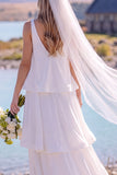Vestido de Noiva Maxi Elopement Branco de Decote em V, em camadas,