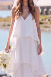 Vestido de Noiva Maxi Elopement Branco de Decote em V, em camadas,