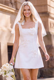 Vestido de Noiva Mini Elopement Mini Elopement Branco Linha A-Line Linha Quadrada Sem Mangas com Flor 3D