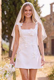 Vestido de Noiva Mini Elopement Mini Elopement Branco Linha A-Line Linha Quadrada Sem Mangas com Flor 3D