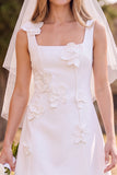 Vestido de Noiva Mini Elopement Mini Elopement Branco Linha A-Line Linha Quadrada Sem Mangas com Flor 3D