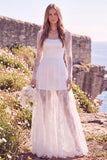 Vestido de Noiva Maxi Elopement de decote quadrado branco de decote quadrado e renda
