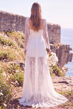 Vestido de Noiva Maxi Elopement de decote quadrado branco de decote quadrado e renda