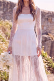 Vestido de Noiva Maxi Elopement de decote quadrado branco de decote quadrado e renda