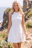 Vestido de Noiva Branco A-Line, de gola alta, curto elopement com flor 3D