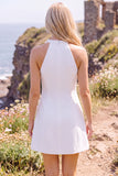Vestido de Noiva Branco A-Line, de gola alta, curto elopement com flor 3D