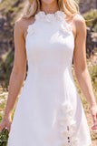 Vestido de Noiva Branco A-Line, de gola alta, curto elopement com flor 3D