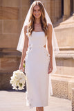 Vestido de Noiva Maxi Elopement com decote quadrado branco com decote quadrado e flor 3D