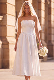 Vestido de Noiva Elopement Branco, A-Line Strapless Plissado e Pregueado
