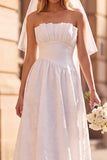 Vestido de Noiva Elopement Branco, A-Line Strapless Plissado e Pregueado