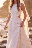 Vestido de Noiva Maxi Elopement com decote redondo branco com decote redondo e aplicação