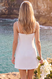Vestido de Noiva Curto Elopement com decote quadrado branco e decote quadrado