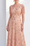 Vestido da Mãe da Noiva com decote em V em linha rosa poeirenta e franjas