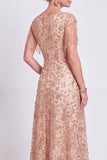 Vestido da Mãe da Noiva com decote em V em linha rosa poeirenta e franjas