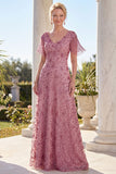 Vestido da Mãe da Noiva com decote em V em linha rosa poeirenta e franjas