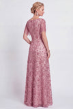 Vestido da Mãe da Noiva com decote em V em linha rosa poeirenta e franjas