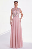 Vestido longo de mãe da noiva verde floral em linha A, decote redondo, com aplicação e mangas altas