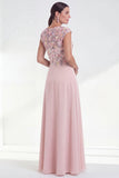 Vestido longo de mãe da noiva verde floral em linha A, decote redondo, com aplicação e mangas altas