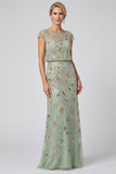 Vestido Longo de Mãe da Noiva com Lantejoulas Florais Verdes com Gola Redonda e Mangas Curtas