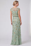 Vestido Longo de Mãe da Noiva com Lantejoulas Florais Verdes com Gola Redonda e Mangas Curtas