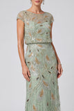 Vestido Longo de Mãe da Noiva com Lantejoulas Florais Verdes com Gola Redonda e Mangas Curtas