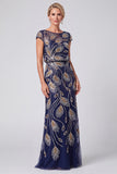 Vestido Longo de Mãe da Noiva com Lantejoulas Florais Verdes com Gola Redonda e Mangas Curtas