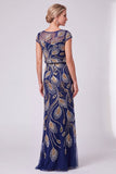 Vestido Longo de Mãe da Noiva com Lantejoulas Florais Verdes com Gola Redonda e Mangas Curtas