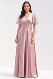 Vestido longo de mãe da noiva, decote em V cinzento-rosa, decote em V, com decote em V e mangas curtas
