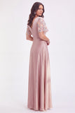 Vestido longo de mãe da noiva, decote em V cinzento-rosa, decote em V, com decote em V e mangas curtas
