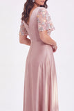 Vestido longo de mãe da noiva, decote em V cinzento-rosa, decote em V, com decote em V e mangas curtas