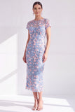 Vestido Mãe da Noiva Bodycon Floral Bodycon Azul Floral Neck, Aplicado Com Abertura