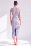 Vestido Mãe da Noiva Bodycon Floral Bodycon Azul Floral Neck, Aplicado Com Abertura